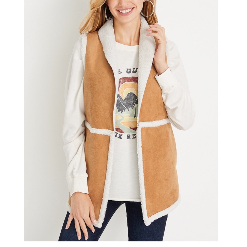 Brown Faux Suede Sherpa Trim Vest